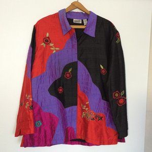 Chicos Design Womens Silk Jacket Sz 3 Multicolor Embroidered Lined Long Sleeve